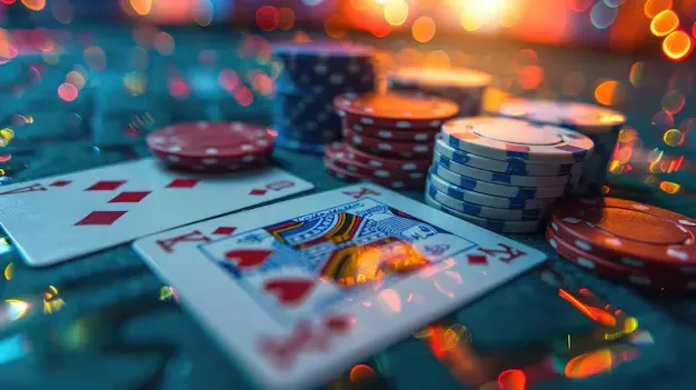 instant casino Fichas de póker, cartas de juego en mesa de casino iluminada