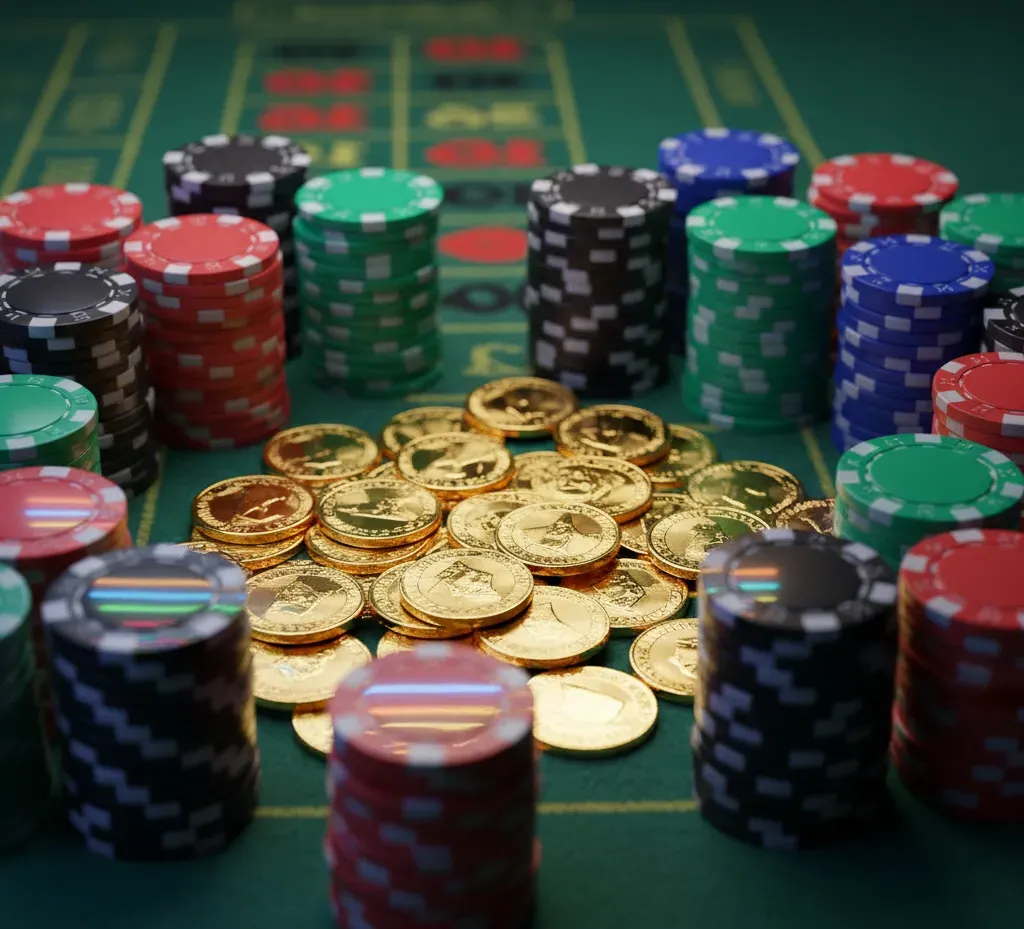 instant casino Fichas de casino y monedas de oro en mesa de ruleta