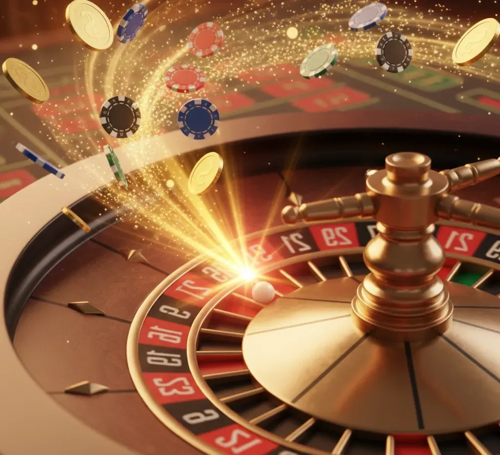 instant casino Ruleta de casino, bola brillante, fichas y monedas volando