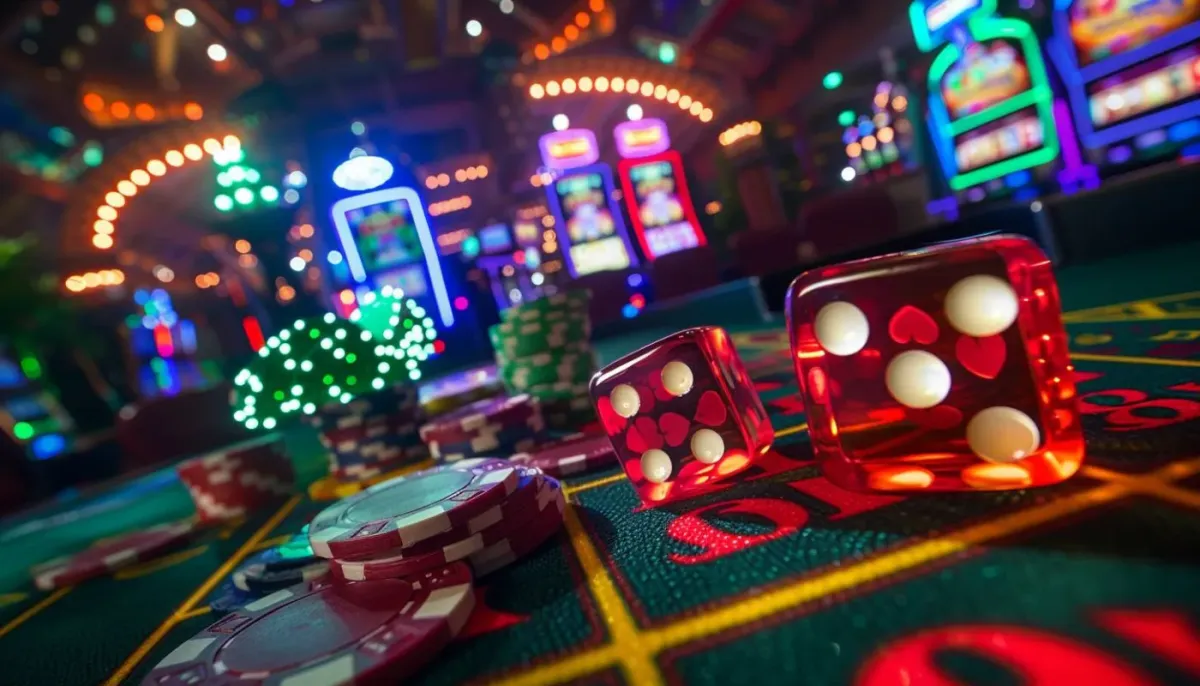 instant casino Dados rojos y fichas sobre mesa de juego en casino iluminado