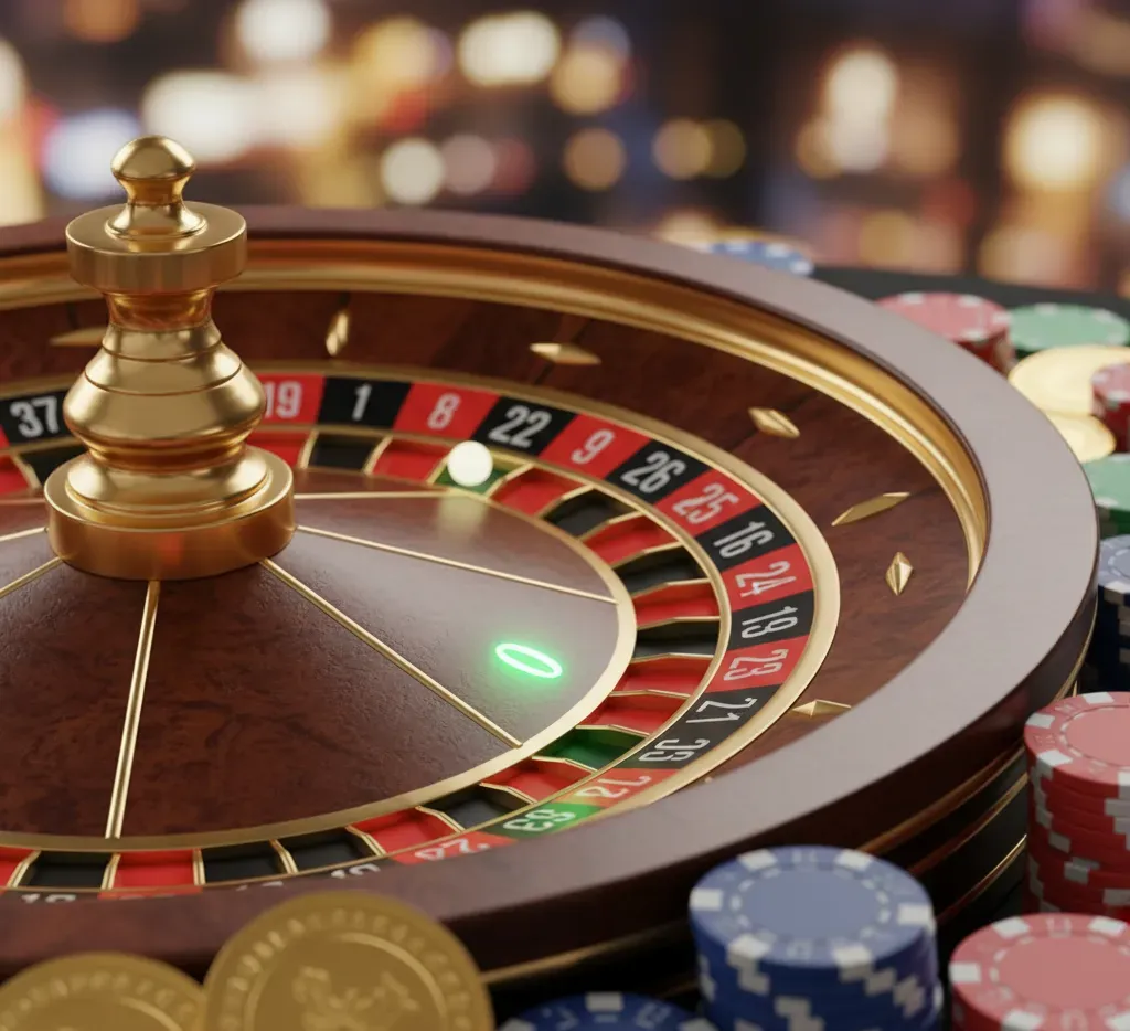 instant casino Rueda de ruleta dorada con bola blanca, fichas y monedas