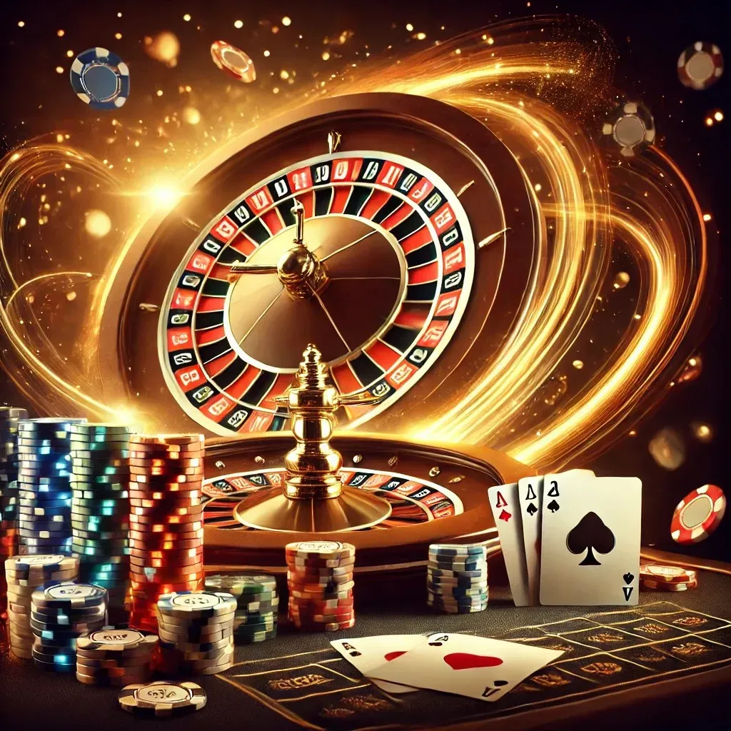 instant casino Ruleta de casino, fichas, cartas y luces doradas brillantes