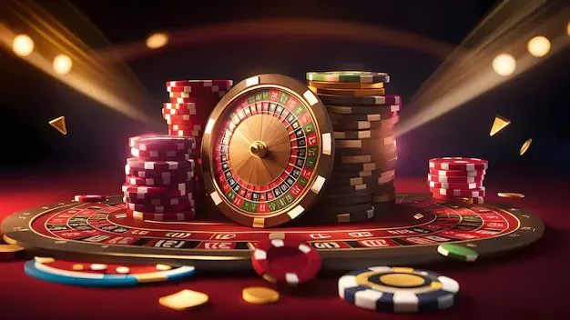 instant casino Rueda de ruleta con fichas de casino sobre mesa roja